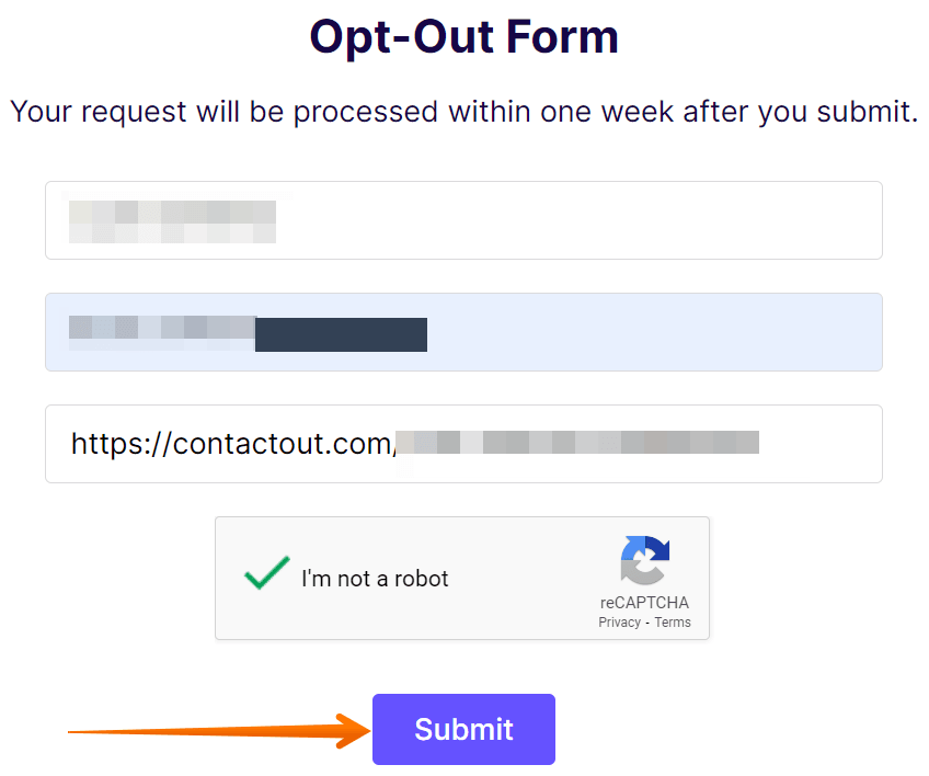 Historical opt-out form interface example for ContactOut. Example identifying details are obscured where needed.