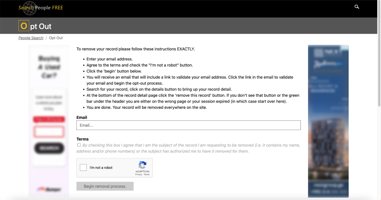 Historical email request form interface example for CyberBackgroundChecks. Example identifying details are obscured where needed.
