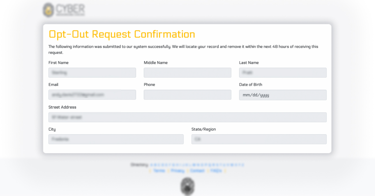 Historical request-received response, not completed removal interface example for CyberBackgroundChecks. Example identifying details are obscured where needed.