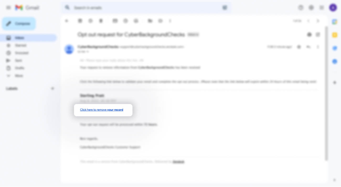 Historical verification email interface example for CyberBackgroundChecks. Example identifying details are obscured where needed.