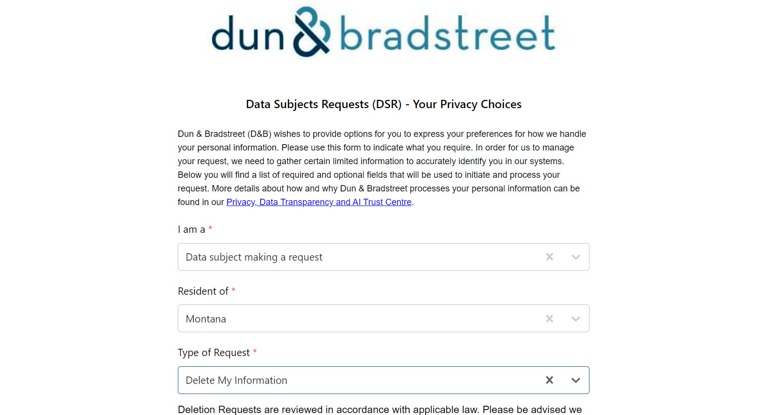 Historical privacy request selection interface example for Dun & Bradstreet. Example identifying details are obscured where needed.