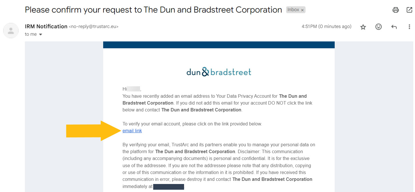 Historical request-confirmation email interface example for Dun & Bradstreet. Example identifying details are obscured where needed.