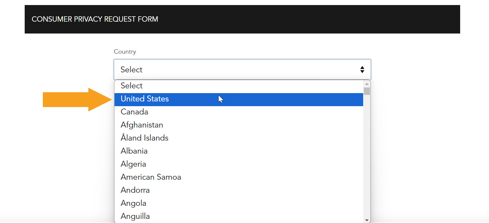Historical country selection interface example for Epsilon. Example identifying details are obscured where needed.