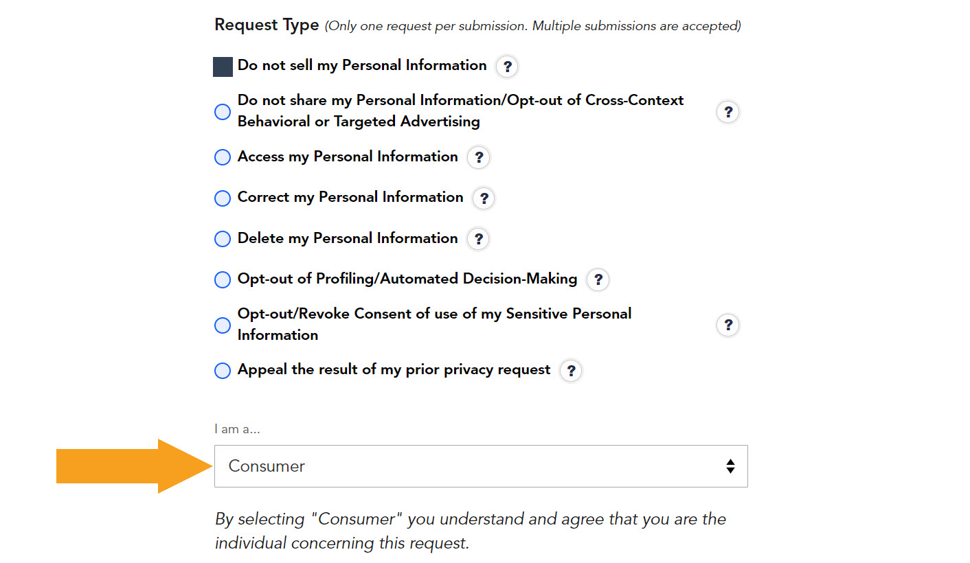 Historical privacy request choices interface example for Epsilon. Example identifying details are obscured where needed.