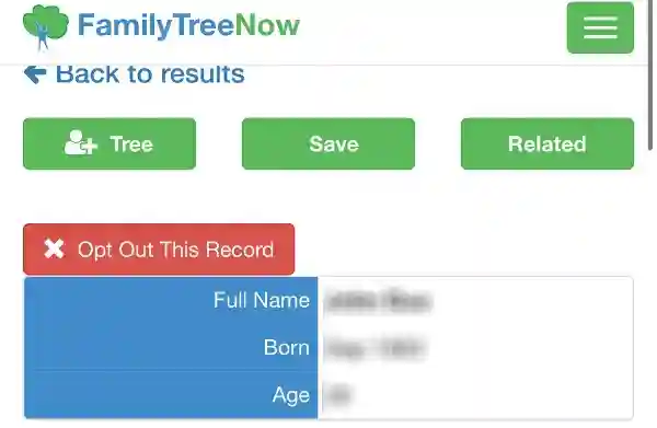 Historical record opt-out control interface example for FamilyTreeNow. Example identifying details are obscured where needed.