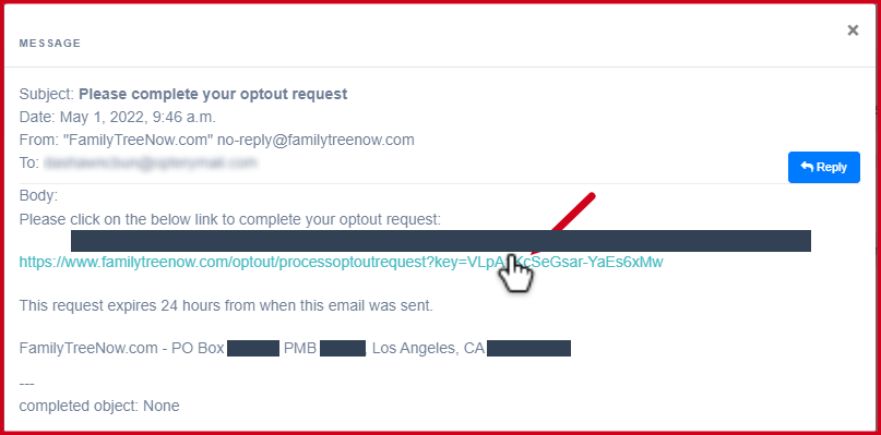 Historical verification message interface example for FamilyTreeNow. Example identifying details are obscured where needed.