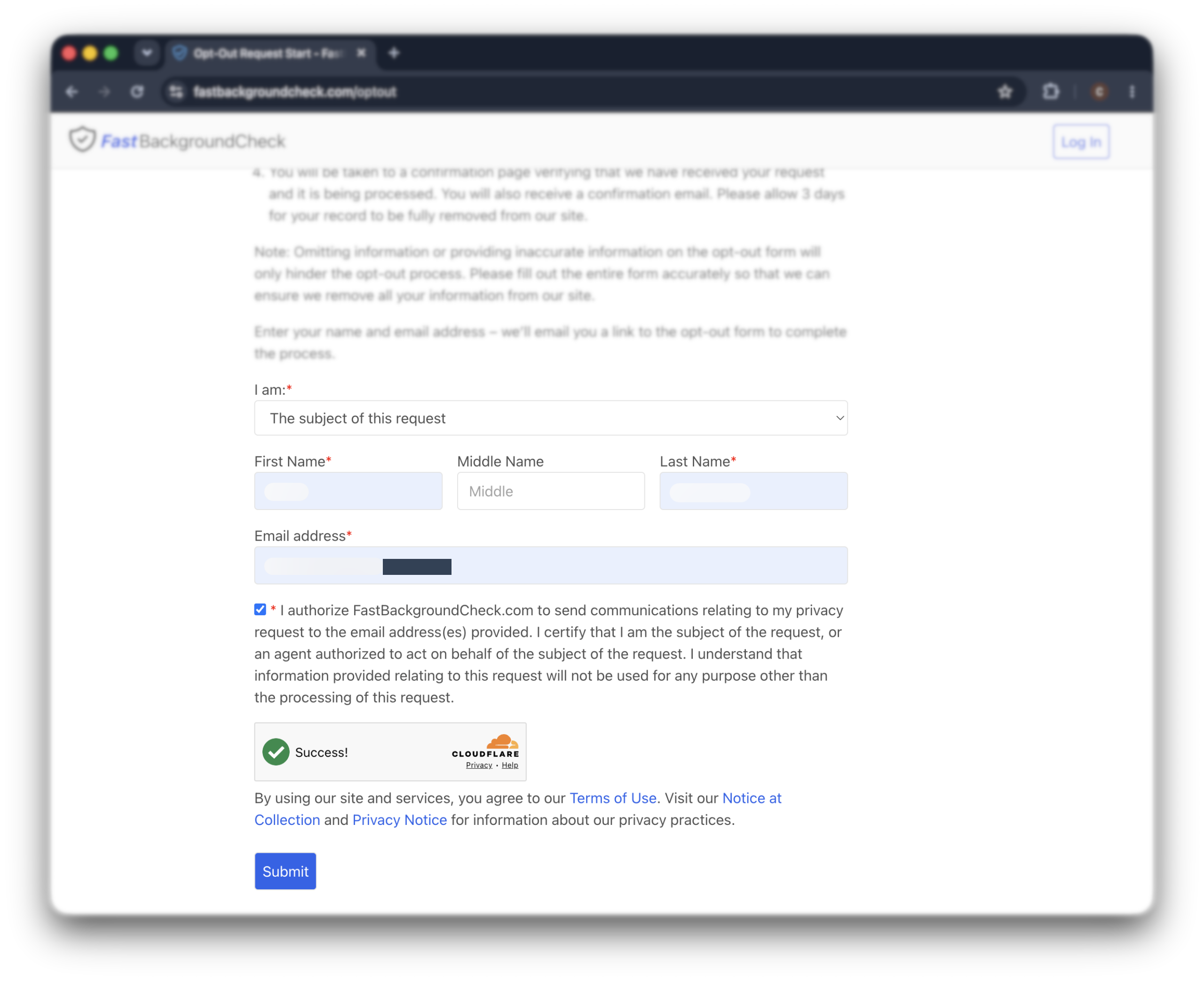 Historical email request fields interface example for FastBackgroundCheck. Example identifying details are obscured where needed.
