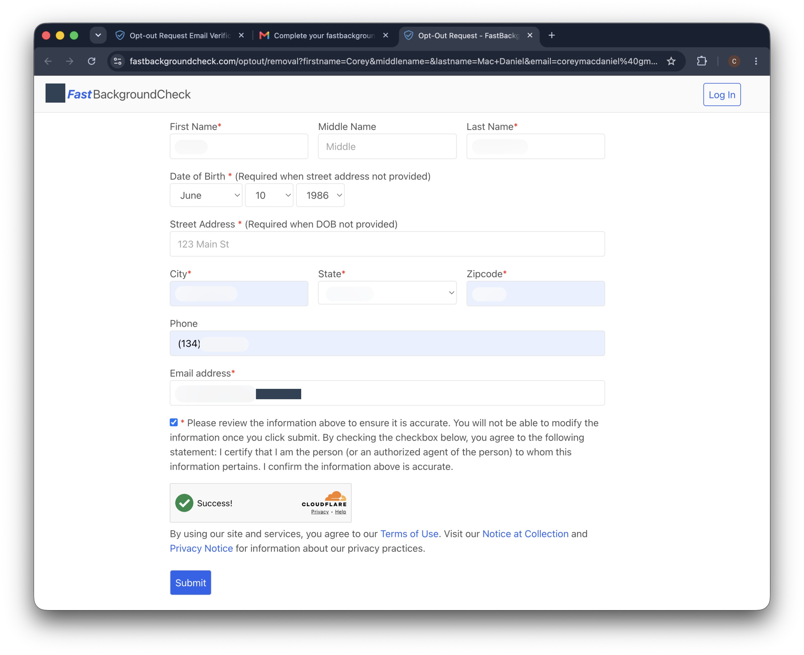 Historical removal form interface example for FastBackgroundCheck. Example identifying details are obscured where needed.