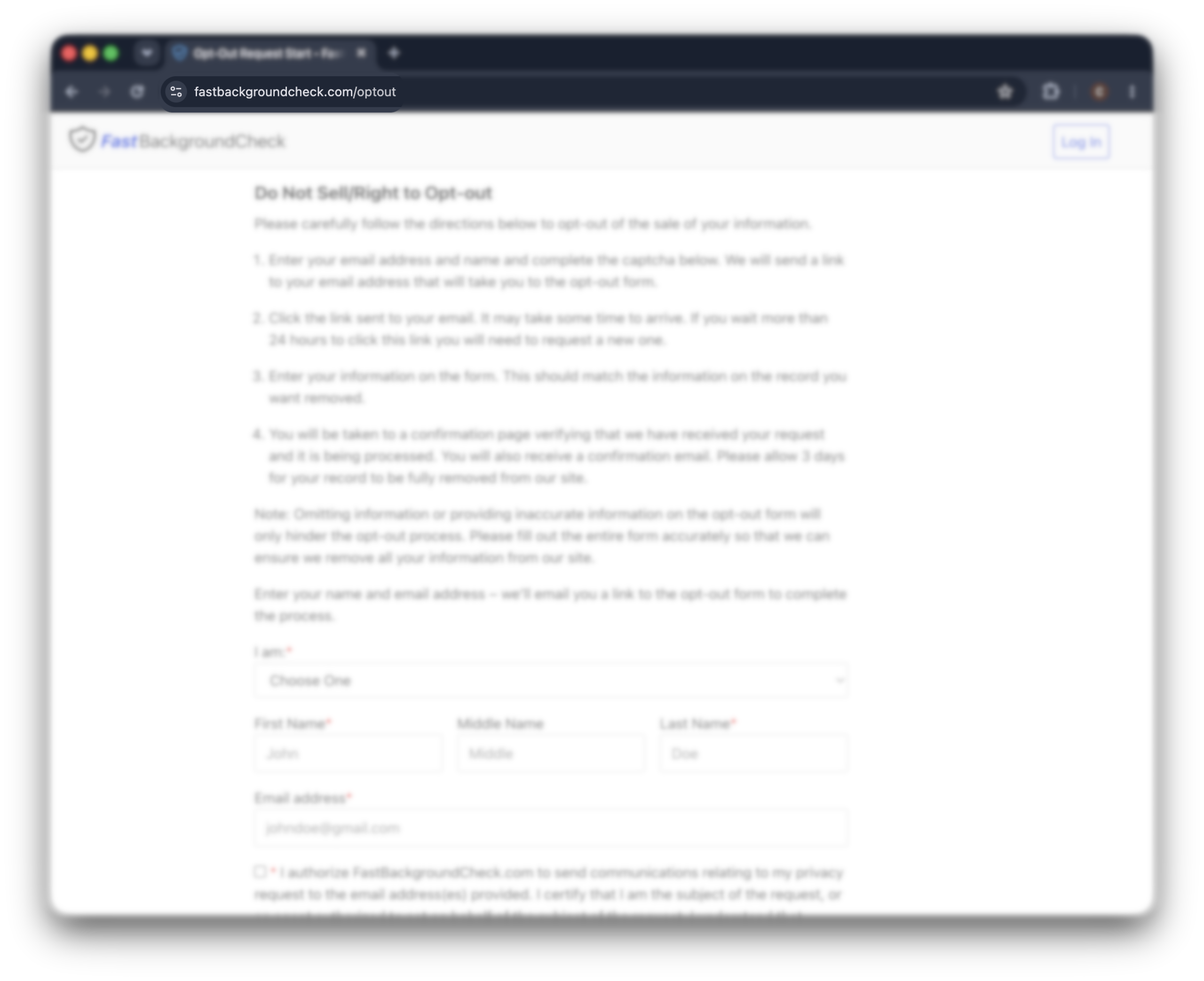 Historical published opt-out instructions interface example for FastBackgroundCheck. Example identifying details are obscured where needed.