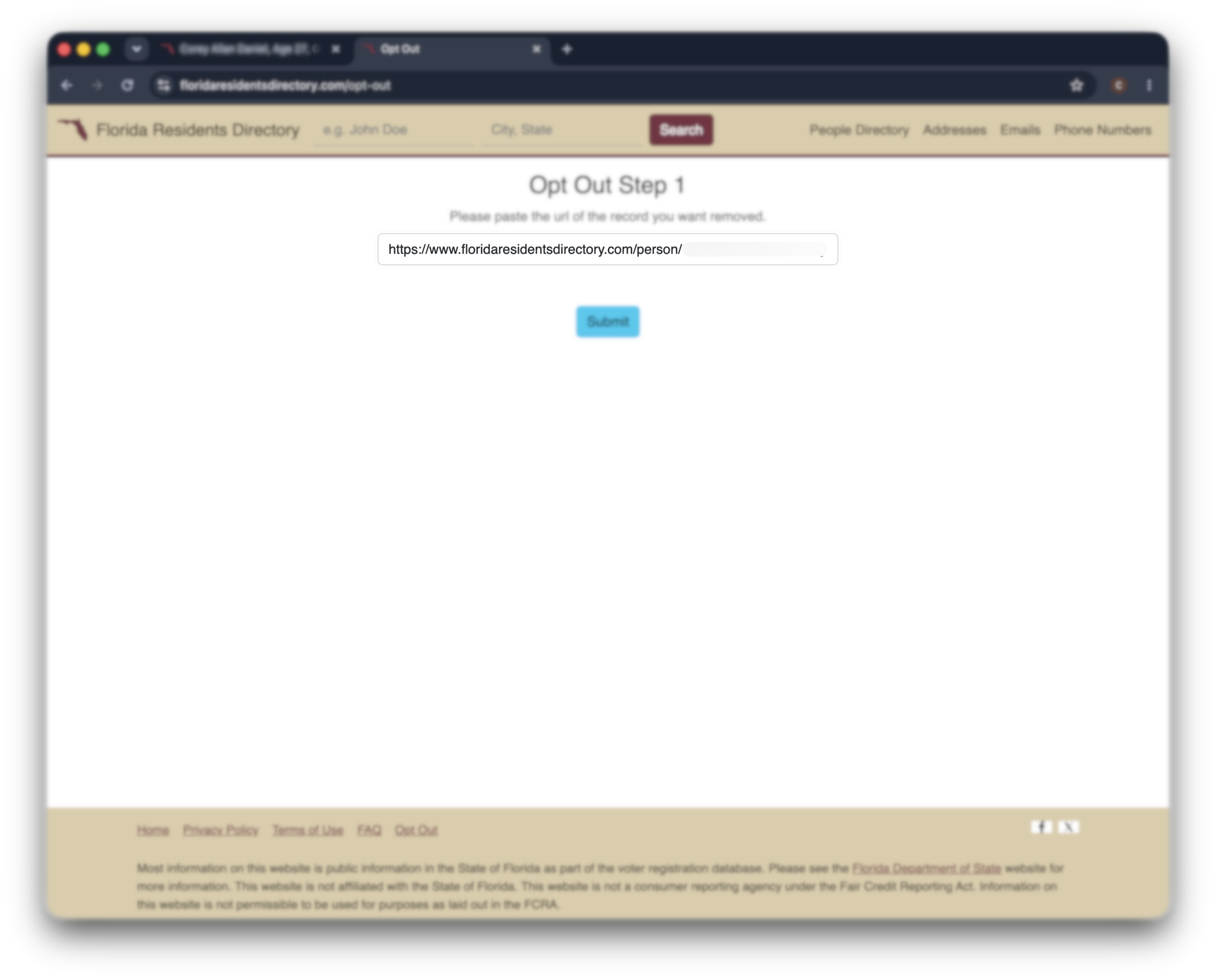 Historical opt-out starting page interface example for Florida Residents Directory. Example identifying details are obscured where needed.