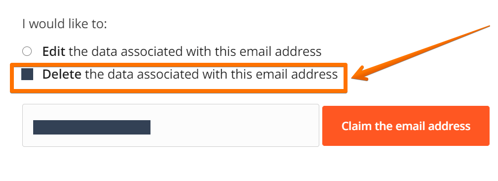 Historical delete-data email choice interface example for Hunter.io. Example identifying details are obscured where needed.
