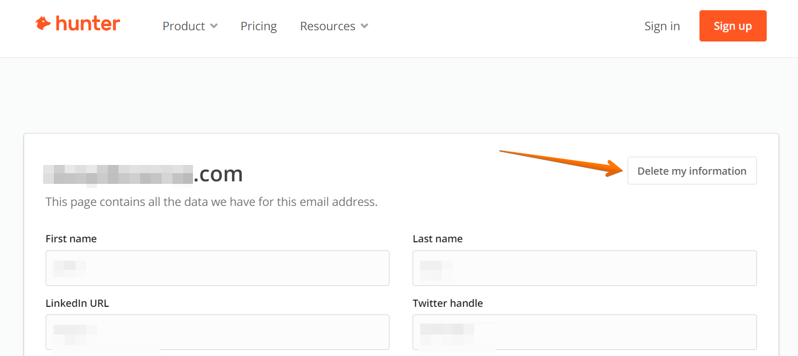 Historical contact deletion controls interface example for Hunter.io. Example identifying details are obscured where needed.