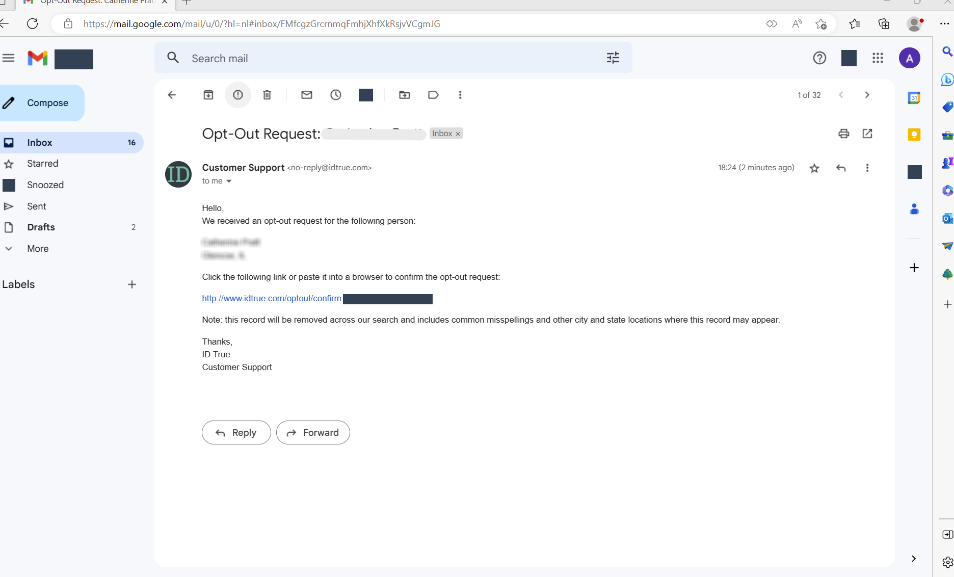 Historical verification message interface example for IDTrue. Example identifying details are obscured where needed.