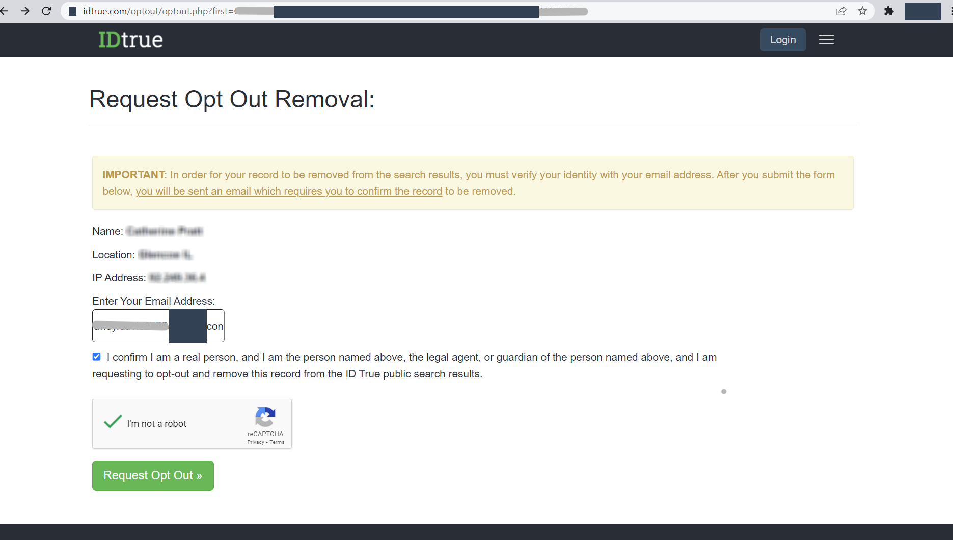 Historical matching-record request interface example for IDTrue. Example identifying details are obscured where needed.
