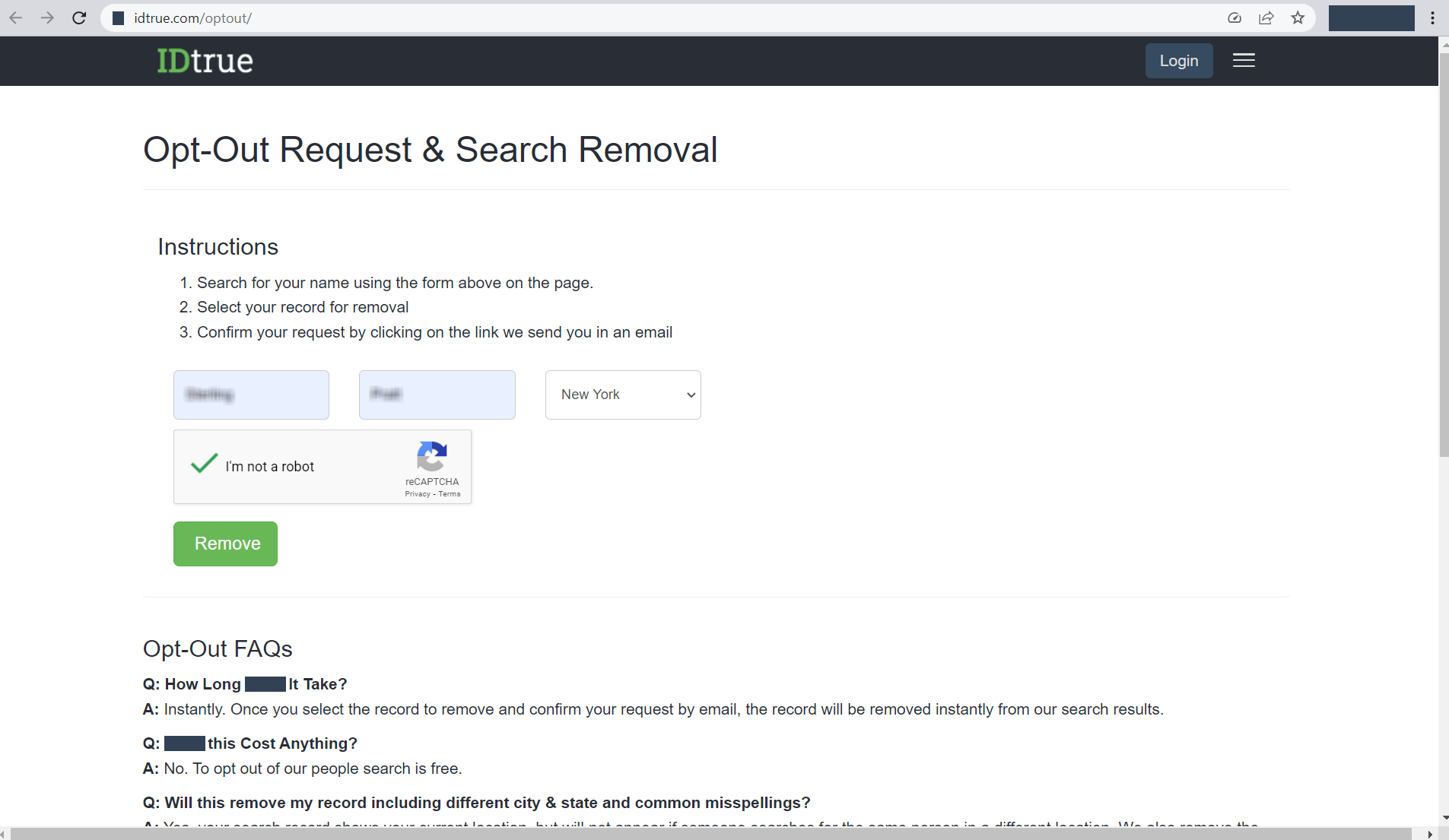 Historical search-removal starting page interface example for IDTrue. Example identifying details are obscured where needed.