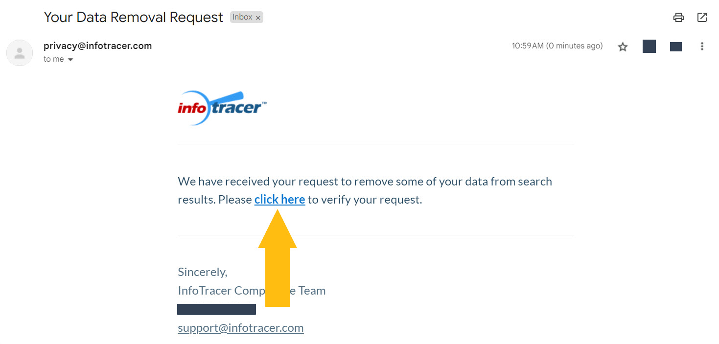 Historical verification message interface example for InfoTracer. Example identifying details are obscured where needed.