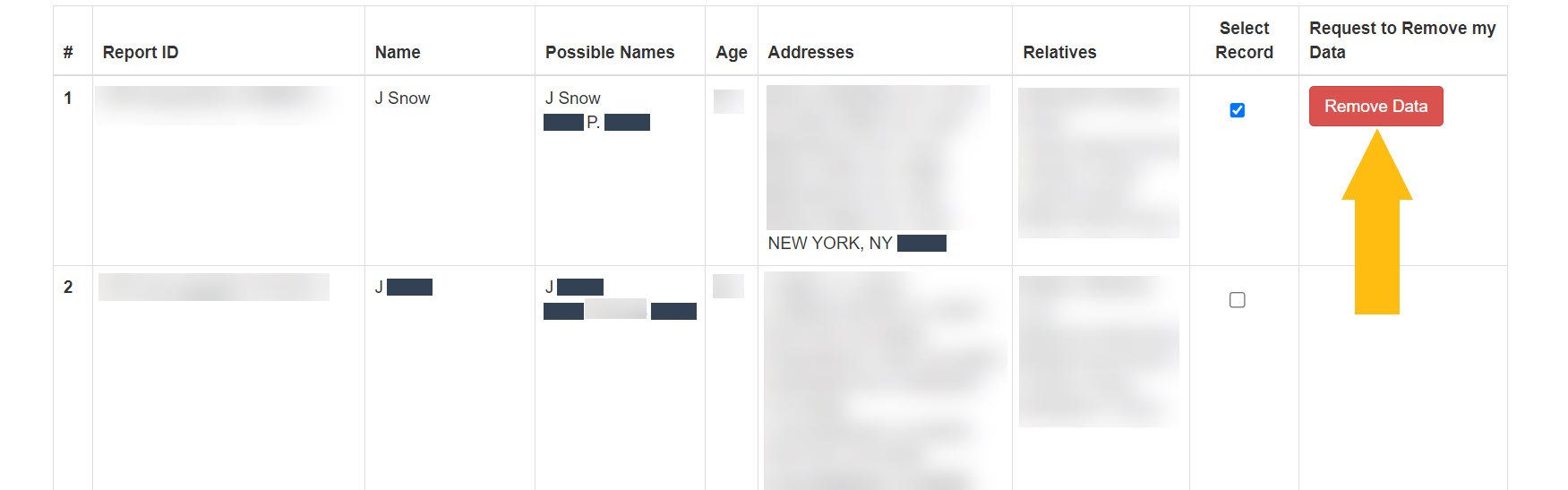 Historical record-removal controls interface example for InfoTracer. Example identifying details are obscured where needed.
