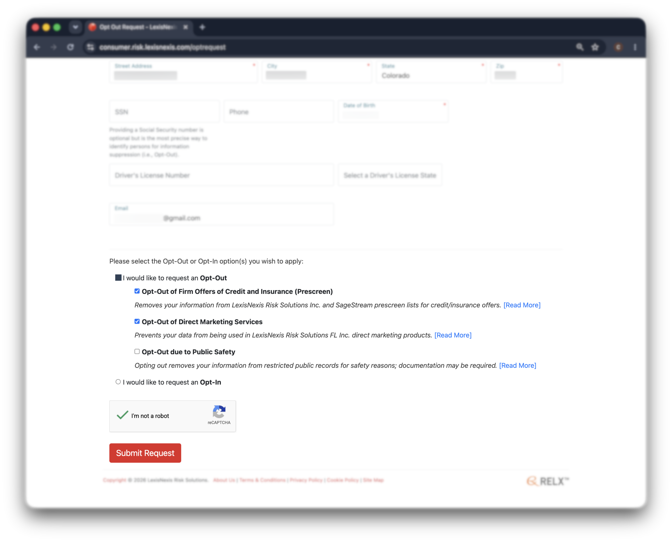 Historical opt-out choices and submission controls interface example for LexisNexis. Example identifying details are obscured where needed.