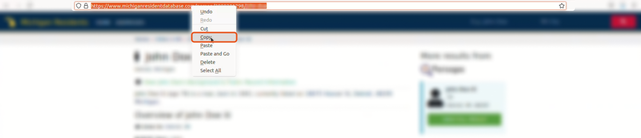 Historical Copy the URL for your record from the address bar interface example for Michigan Resident Database. Example identifying details are obscured where needed.
