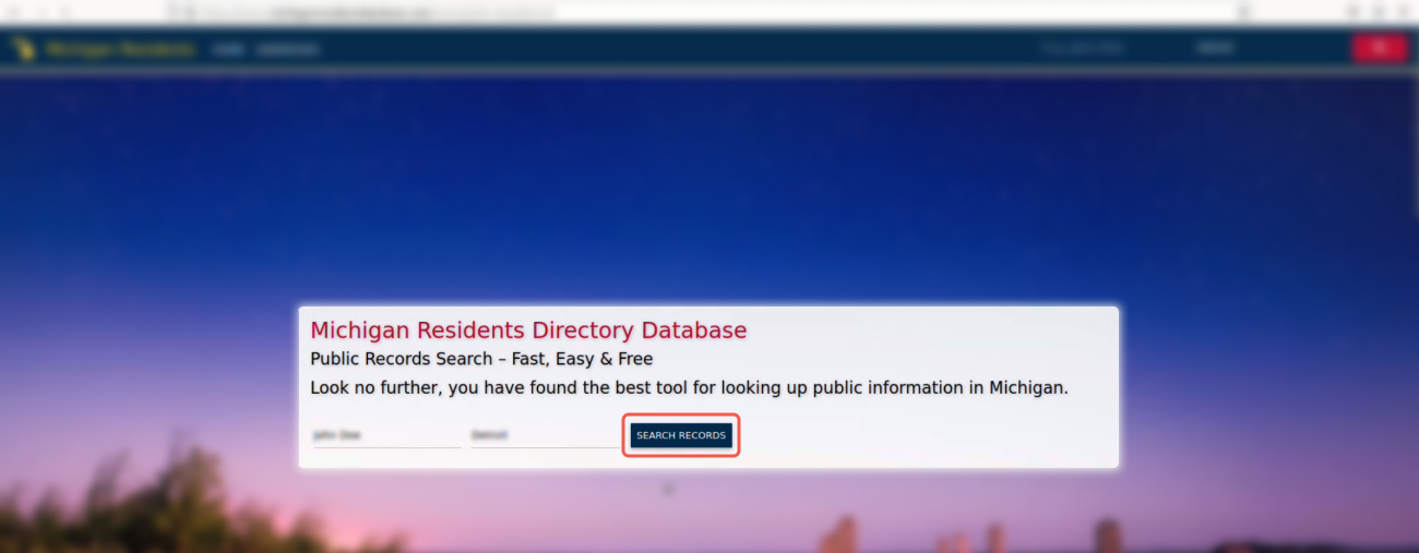 Historical Go to www.michiganresidentdatabase.com and search for your record interface example for Michigan Resident Database. Example identifying details are obscured where needed.