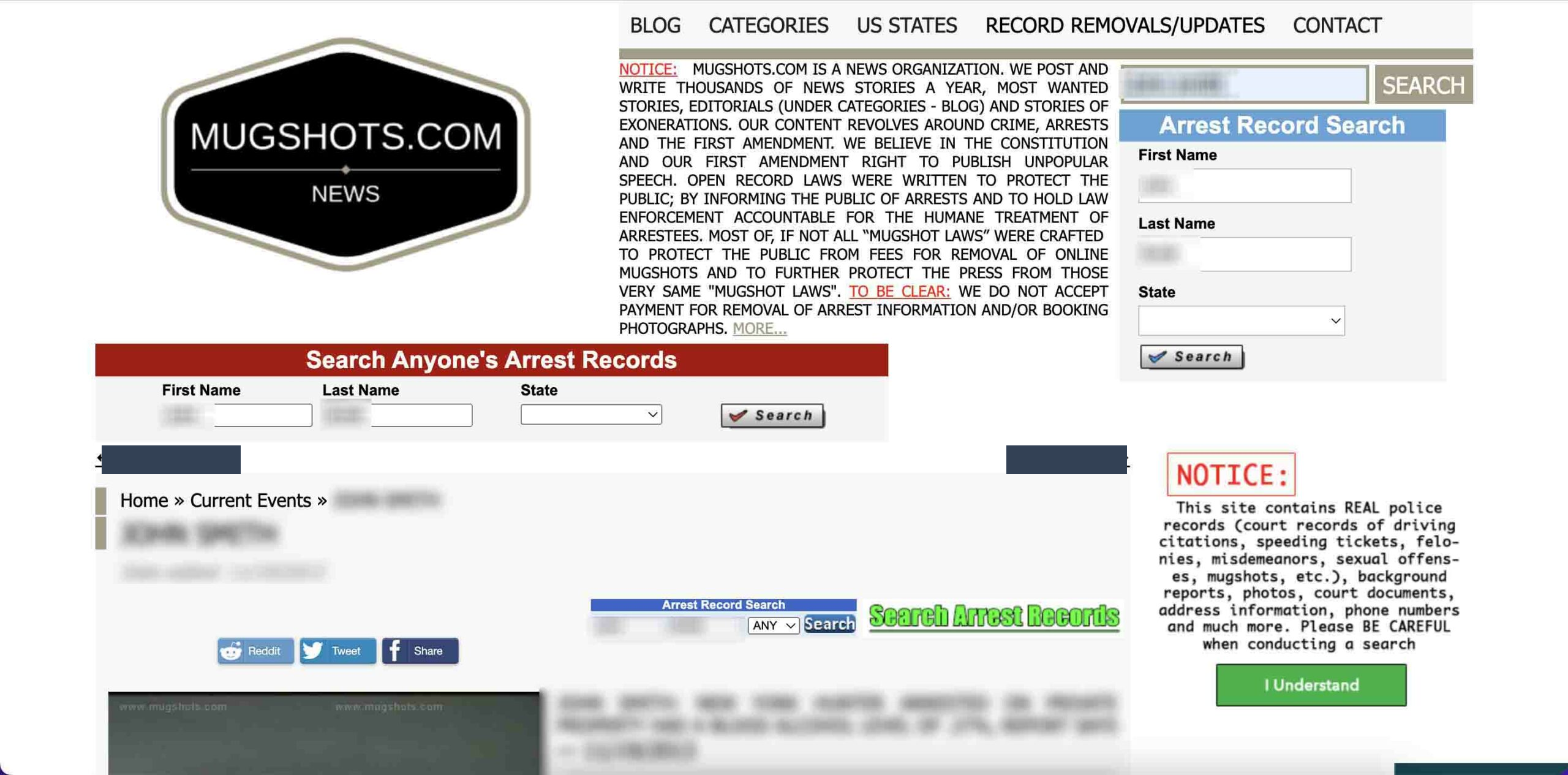 Historical Search for your record at https://mugshots.com/ interface example for Mugshots.com. Example identifying details are obscured where needed.