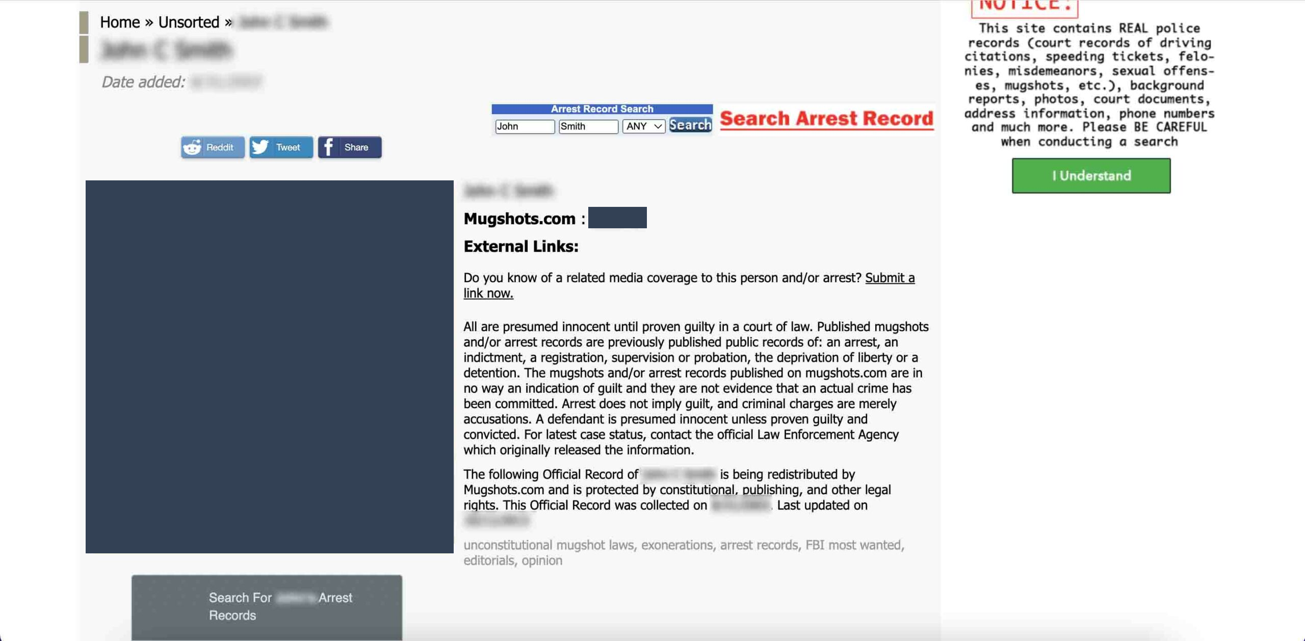 Historical Grab your Mugshots.com ID displayed next to “Mugshots.com:” interface example for Mugshots.com. Example identifying details are obscured where needed.