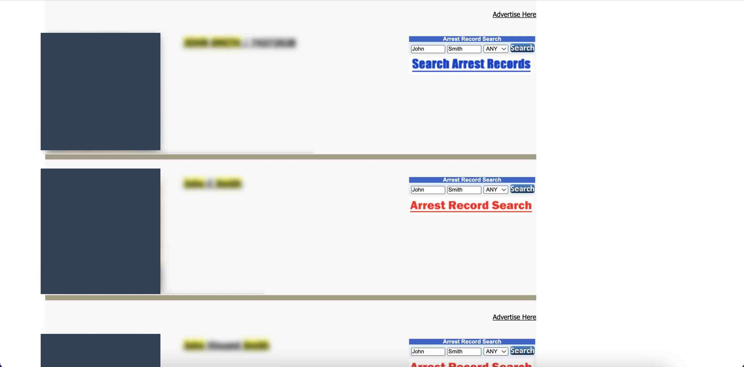 Historical Find you record and click on your name to open it interface example for Mugshots.com. Example identifying details are obscured where needed.