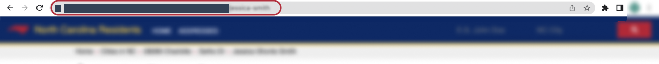 Historical Copy the URL from the browser address bar interface example for North Carolina Resident Database. Example identifying details are obscured where needed.