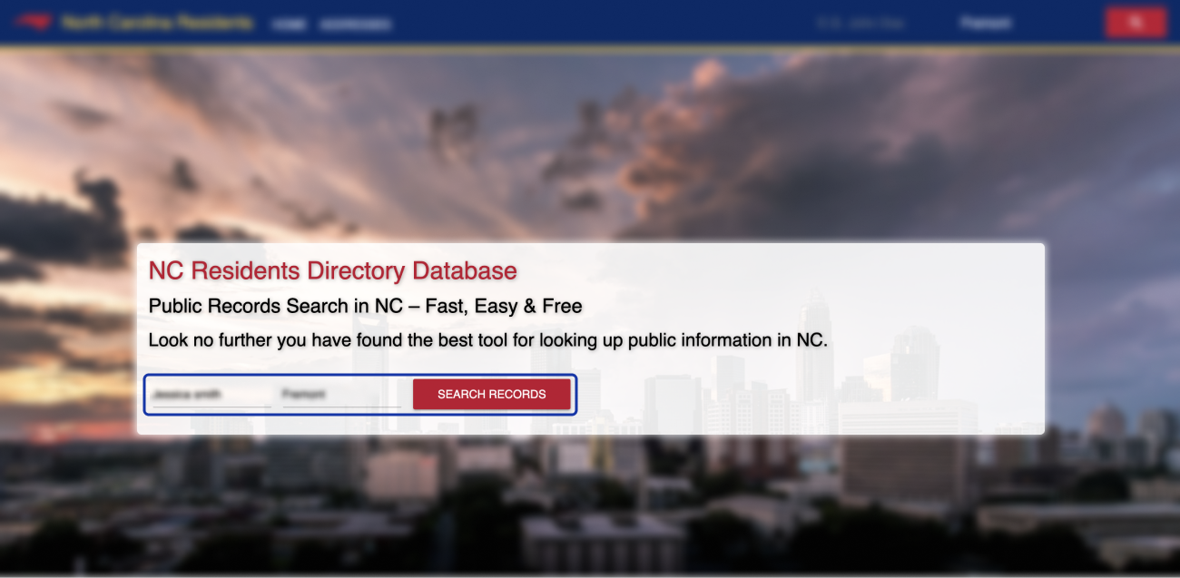 Historical Start the search on northcarolinaresidentdatabase.com interface example for North Carolina Resident Database. Example identifying details are obscured where needed.