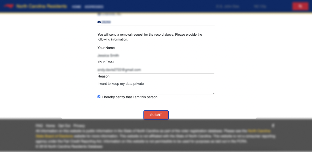 Historical record opt-out form interface example for North Carolina Resident Database. Example identifying details are obscured where needed.