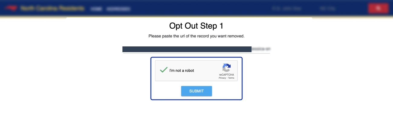 Historical Paste the URL, solve the CAPTCHA, and click submit interface example for North Carolina Resident Database. Example identifying details are obscured where needed.