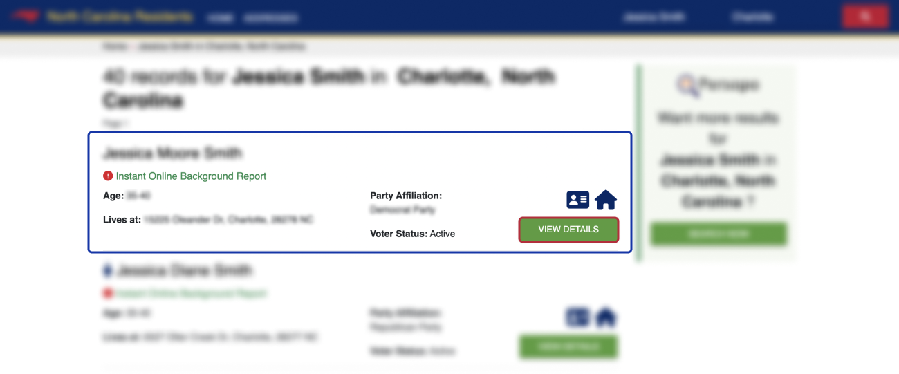 Historical Find your record and click “VIEW DETAILS” interface example for North Carolina Resident Database. Example identifying details are obscured where needed.