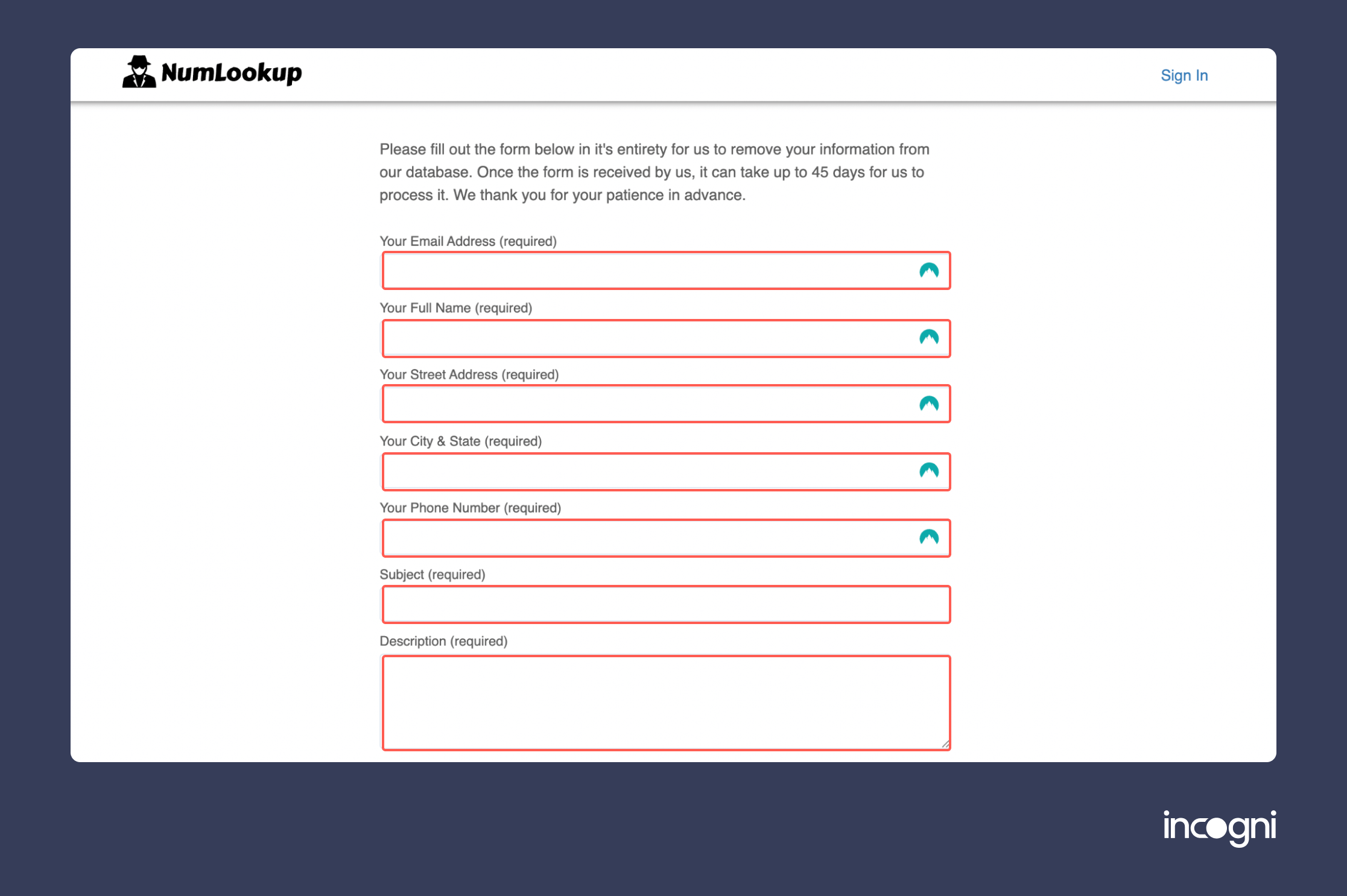 Historical Fill in the opt-out form interface example for NumLookup. Example identifying details are obscured where needed.