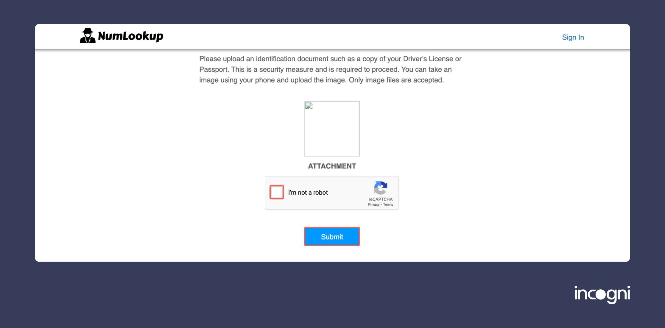 Historical Solve the CAPTCHA, and click “Submit” to complete your removal request interface example for NumLookup. Example identifying details are obscured where needed.