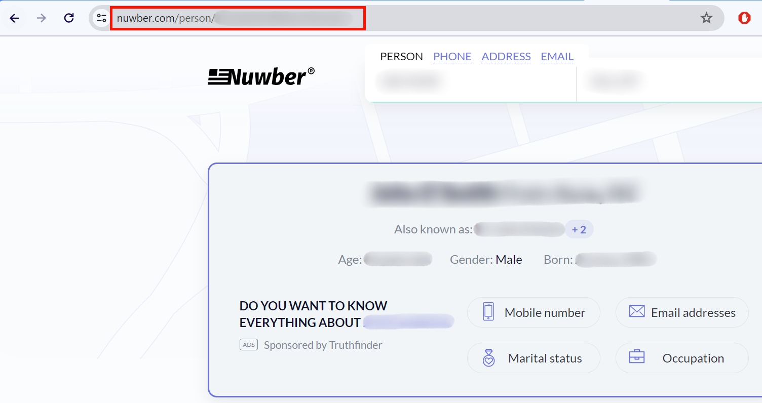 Historical Copy the URL from the browser search bar interface example for Nuwber. Example identifying details are obscured where needed.