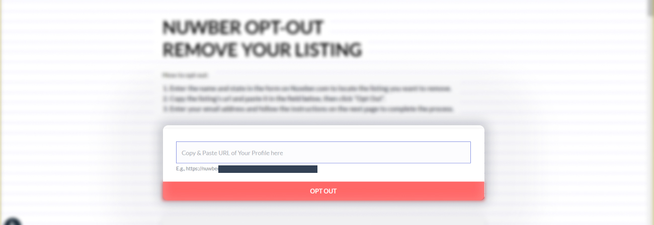 Historical profile-address request form interface example for Nuwber. Example identifying details are obscured where needed.