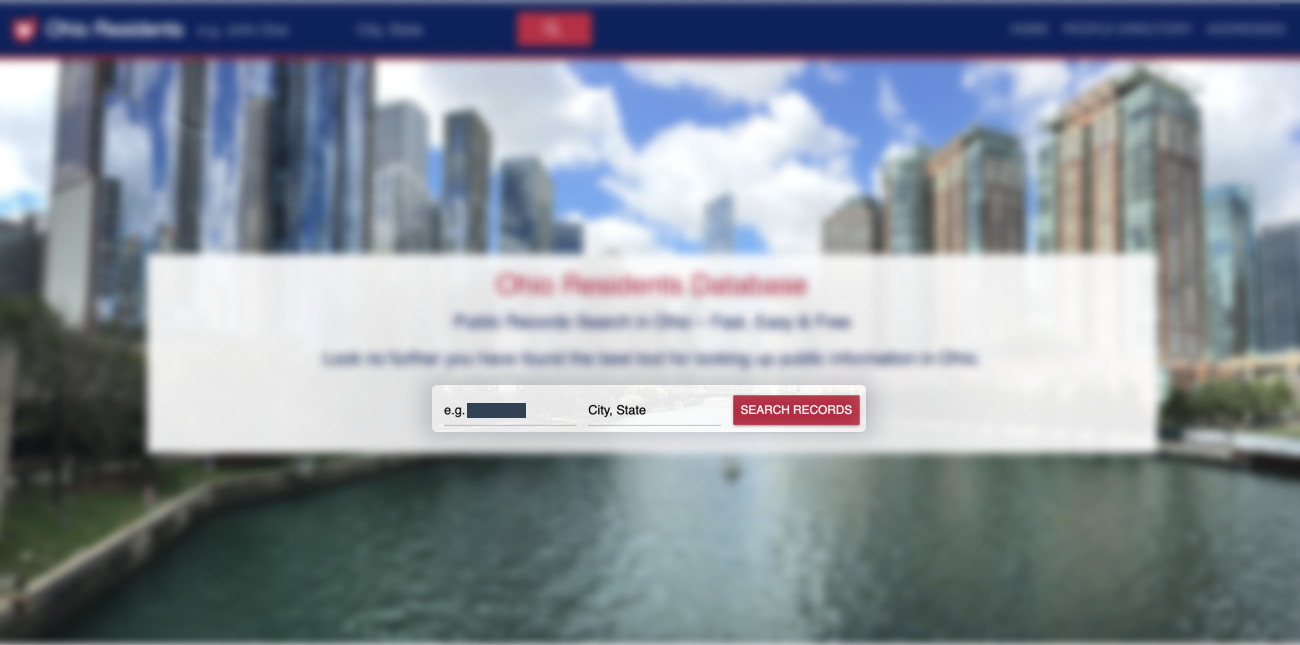 Historical search fields interface example for Ohio Resident Database. Example identifying details are obscured where needed.