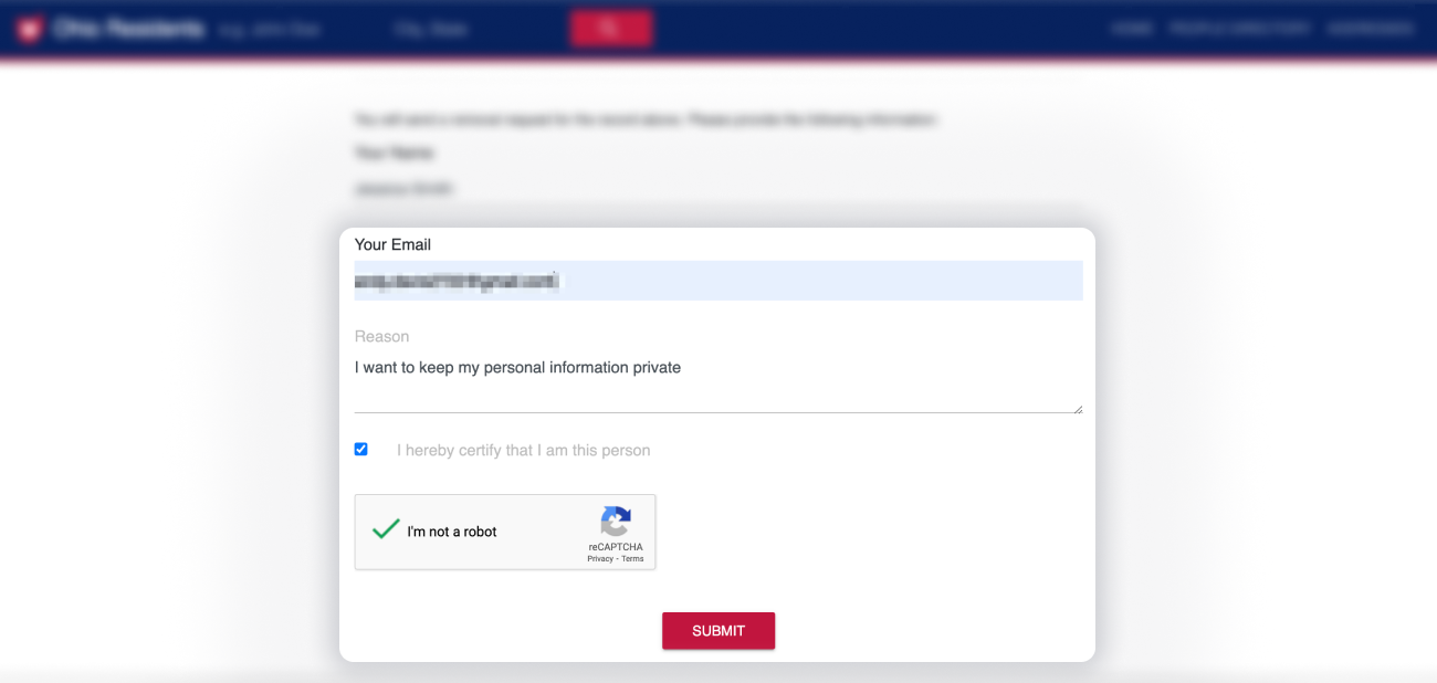 Historical opt-out details interface example for Ohio Resident Database. Example identifying details are obscured where needed.