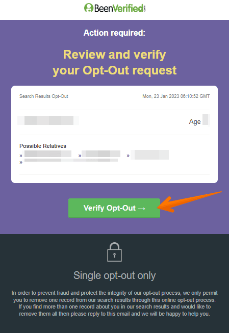 Historical verification email interface example for Ownerly. Example identifying details are obscured where needed.