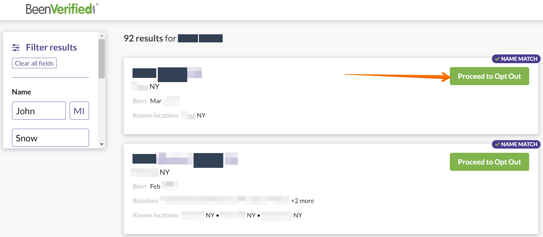 Historical matching-record controls interface example for Ownerly. Example identifying details are obscured where needed.