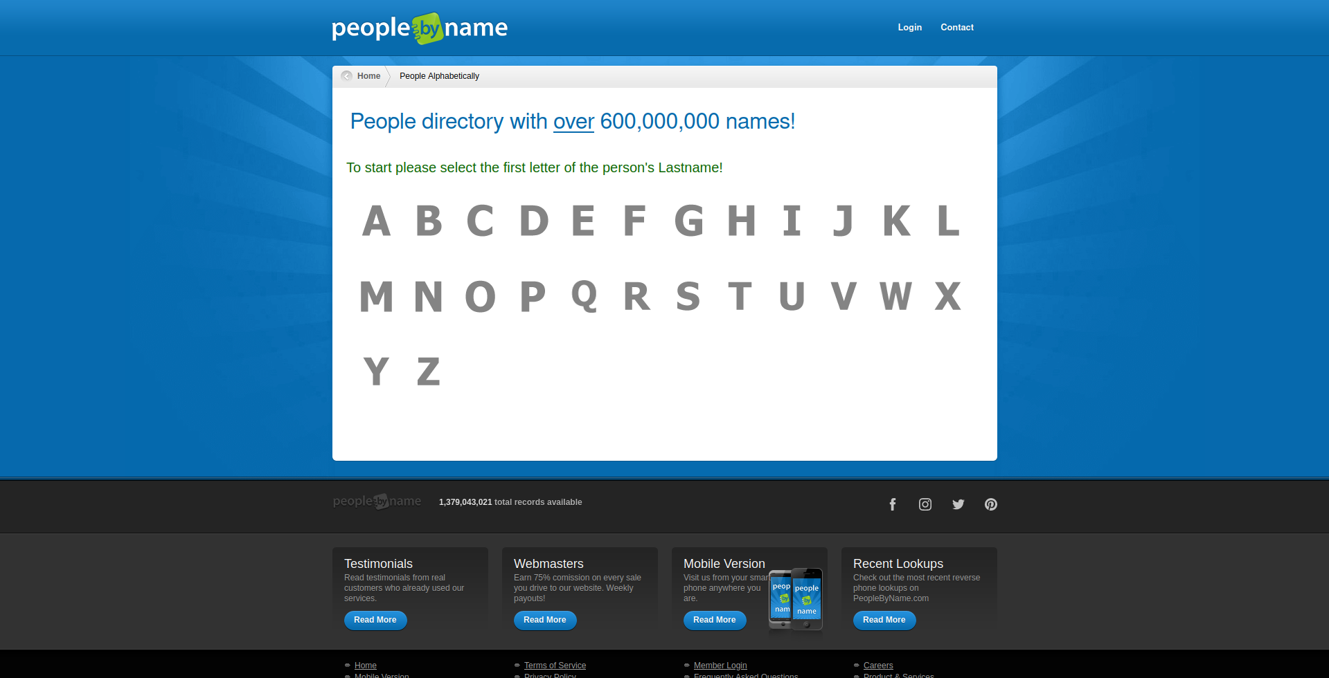 Historical alphabetical people-directory screen interface example for PeopleByName. Example identifying details are obscured where needed.