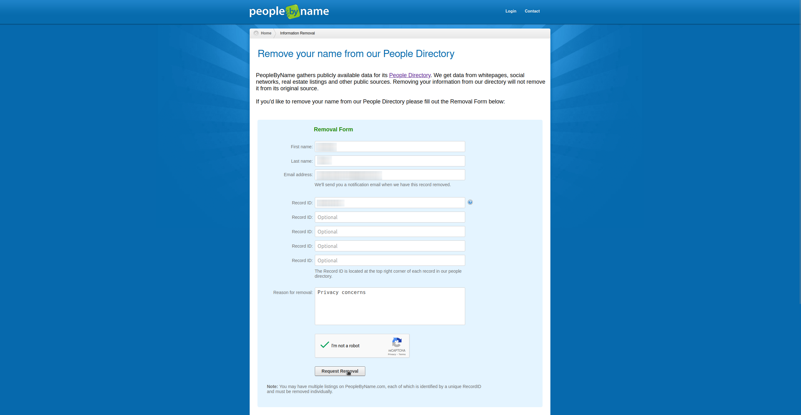 Historical removal request form interface example for PeopleByName. Example identifying details are obscured where needed.