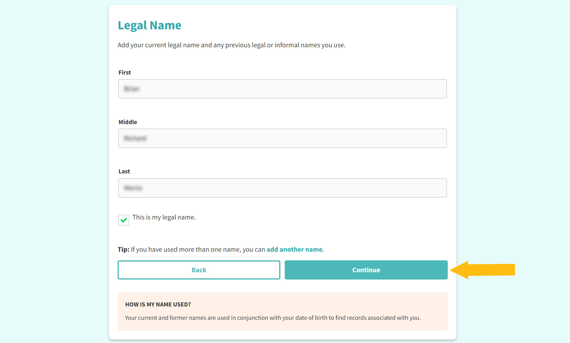 Historical PeopleConnect legal-name matching interface example for PeopleFinder. Example identifying details are obscured where needed.