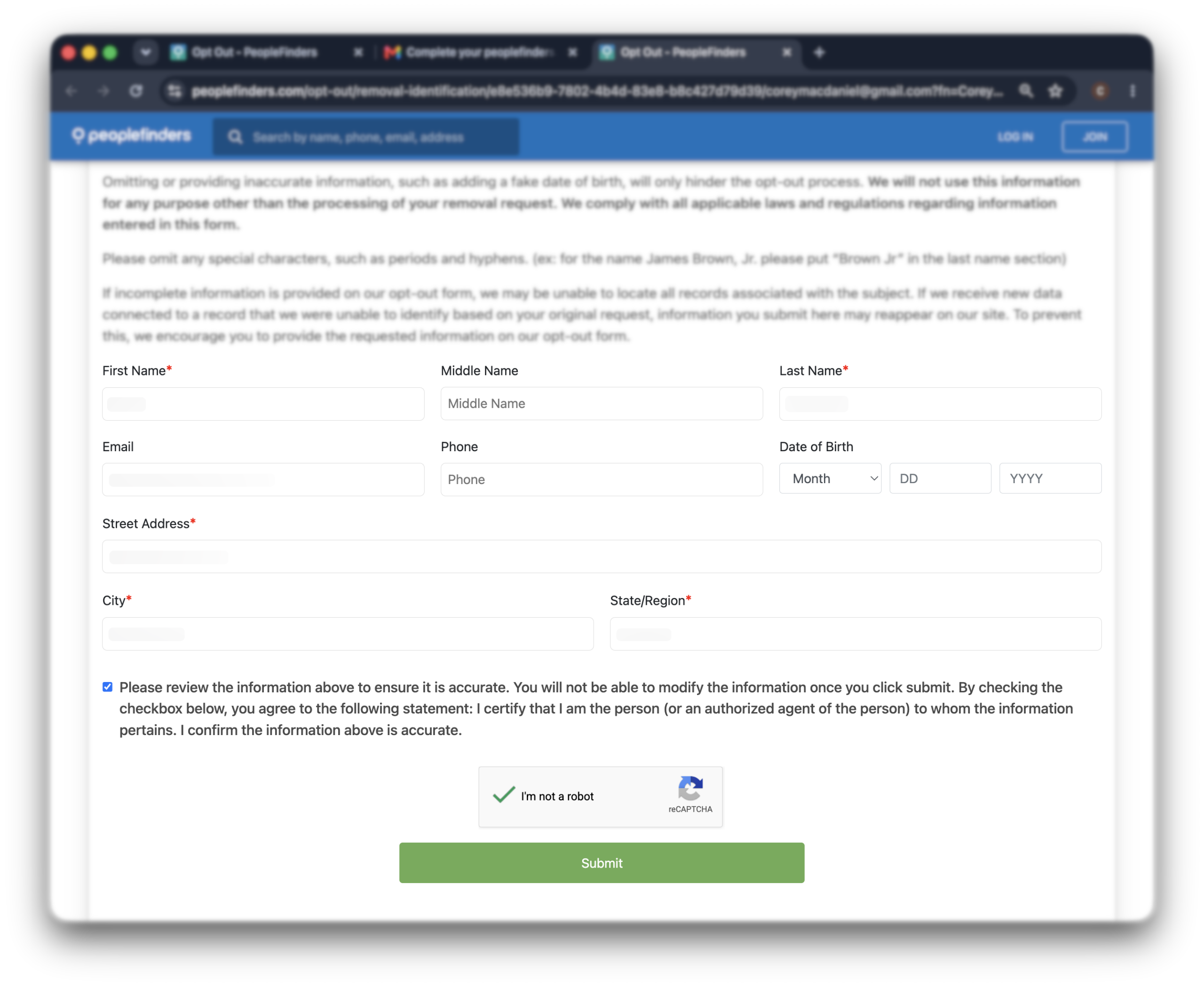 Historical suppression form interface example for PeopleFinders. Example identifying details are obscured where needed.