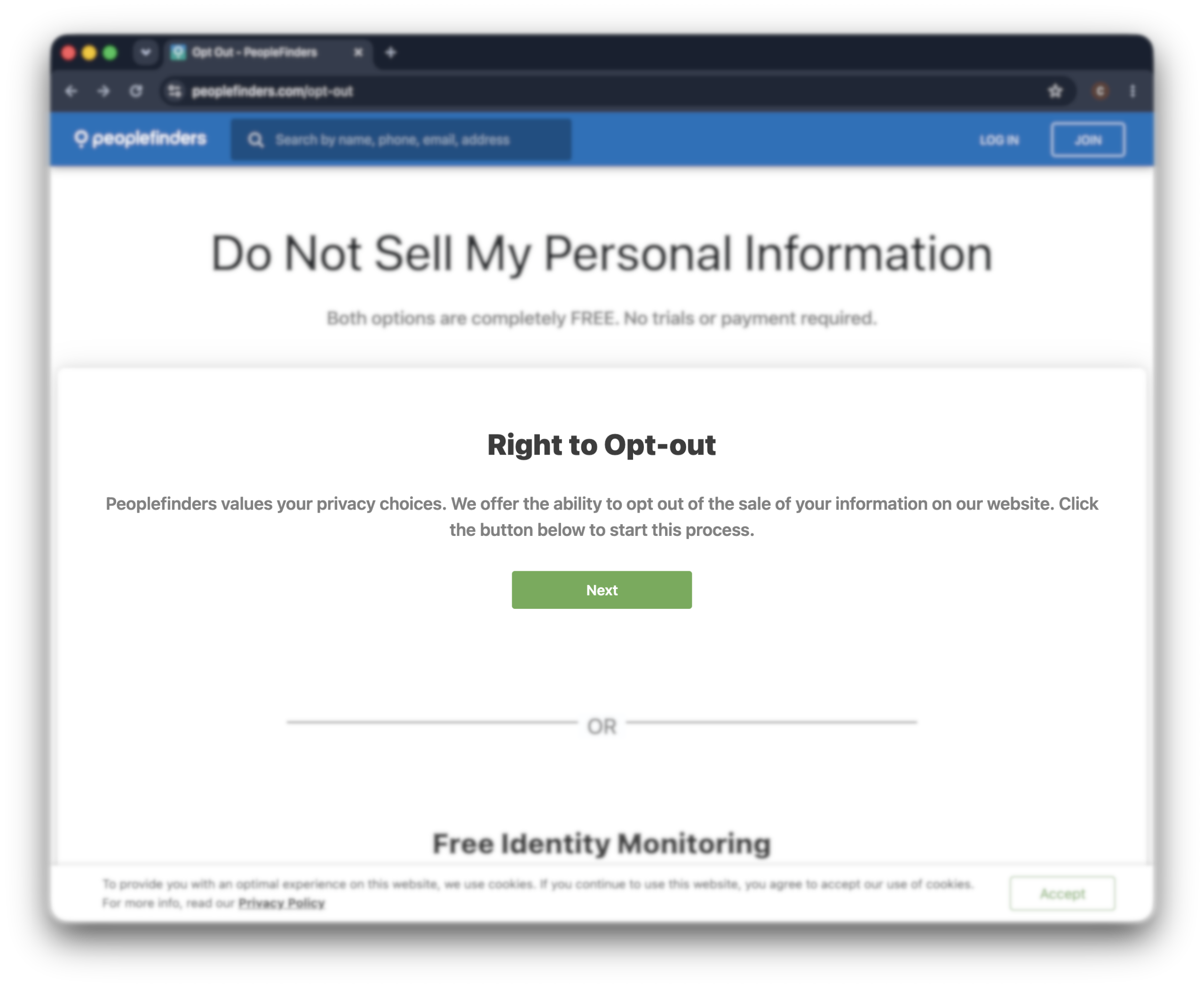 Historical opt-out page interface example for PeopleFinders. Example identifying details are obscured where needed.