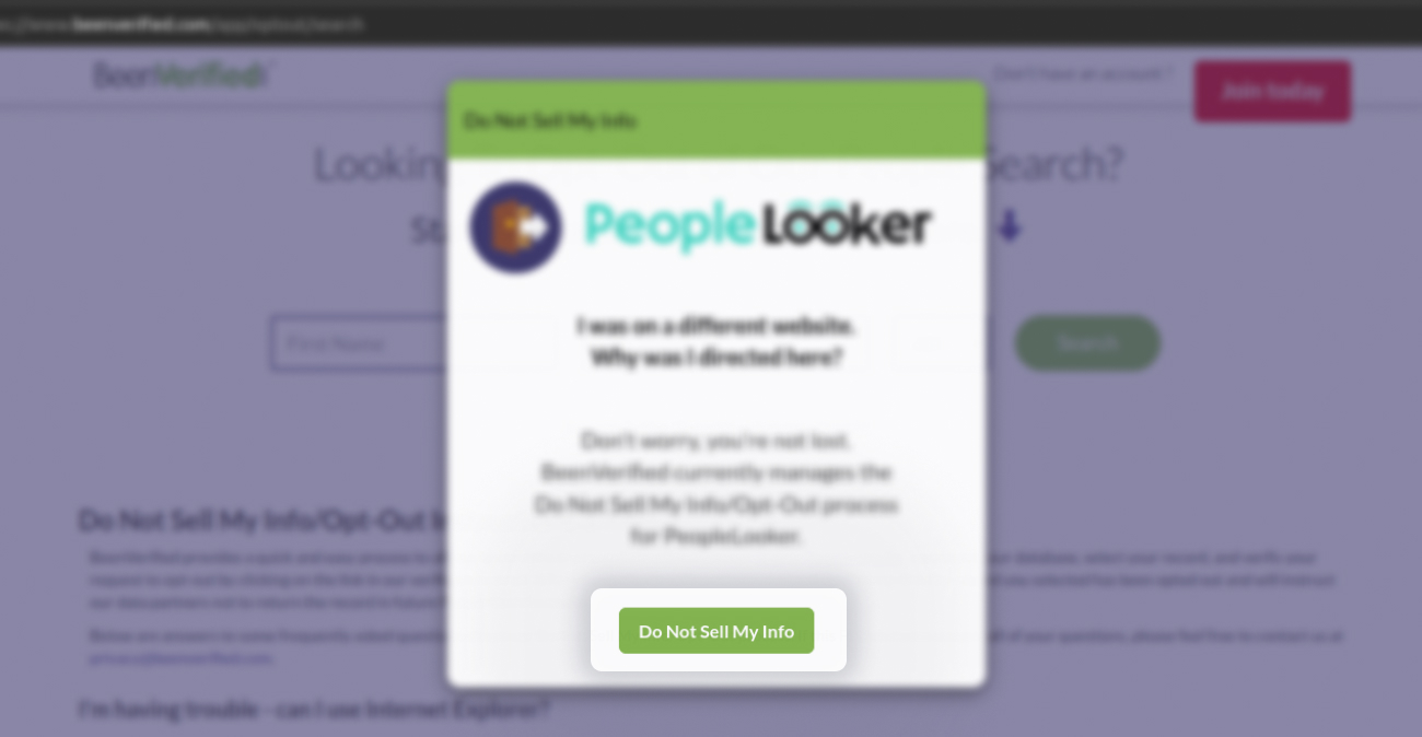 Historical processor redirect interface example for PeopleLooker. Example identifying details are obscured where needed.