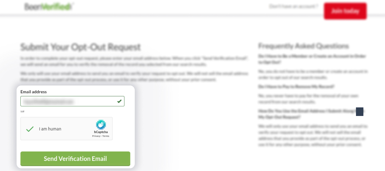 Historical BeenVerified request email and human check interface example for PeopleLooker. Example identifying details are obscured where needed.