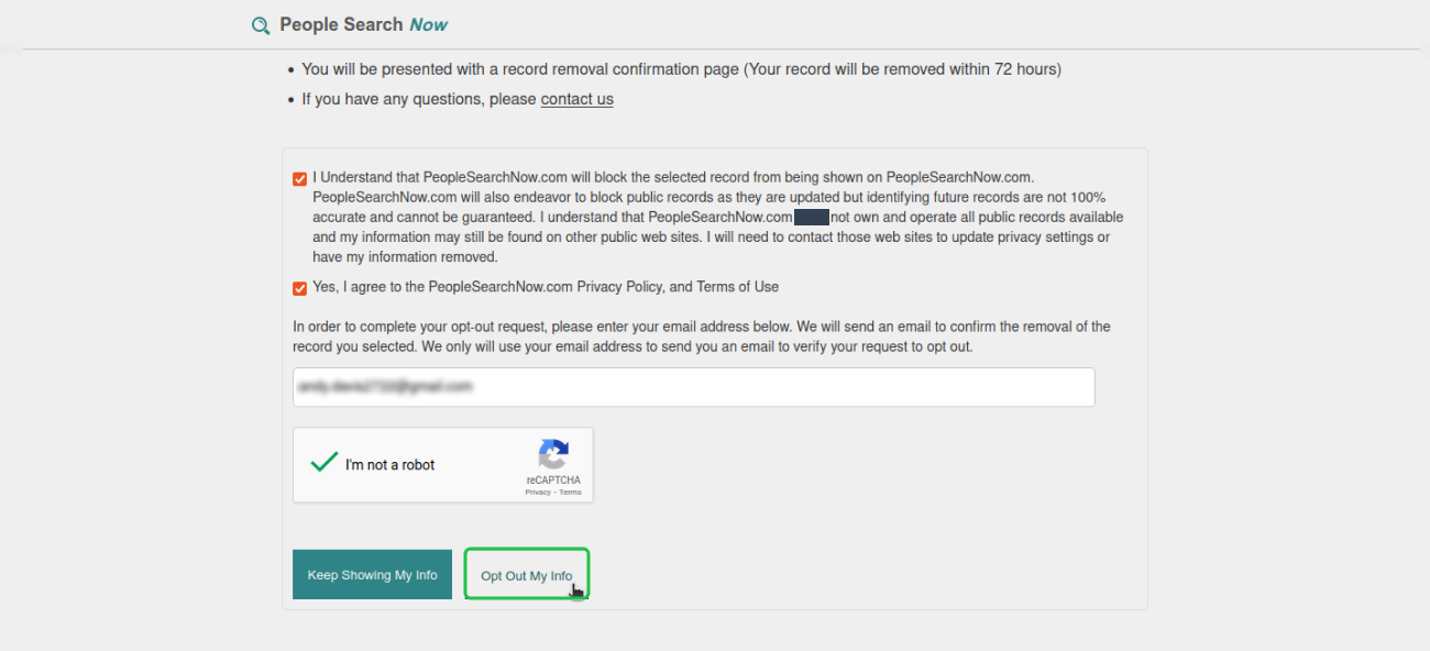 Historical email request form interface example for PeopleSearchNow. Example identifying details are obscured where needed.
