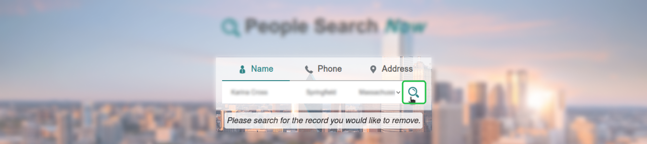 Historical Type your full name, city, and state and click the search button. interface example for PeopleSearchNow. Example identifying details are obscured where needed.