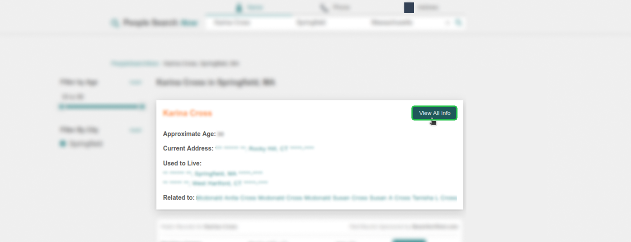 Historical Find your listing in the search results interface example for PeopleSearchNow. Example identifying details are obscured where needed.